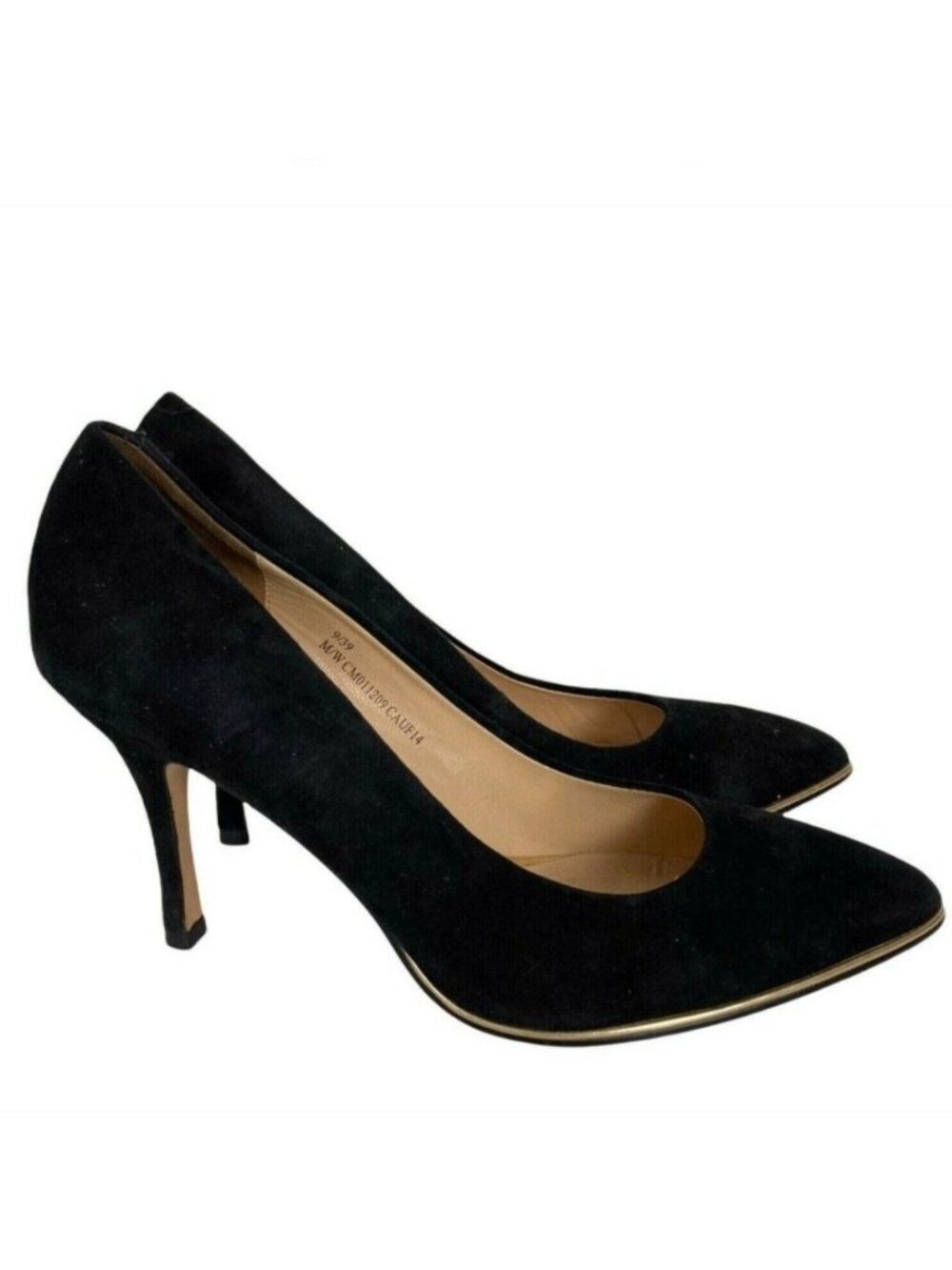 Carmen Marc Valvo Pumps Black Suede Gold Detail Leather Lined 3.5 Heel